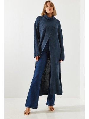 İndigo Yırtmaçlı Salaş Uzun Panço Elbise