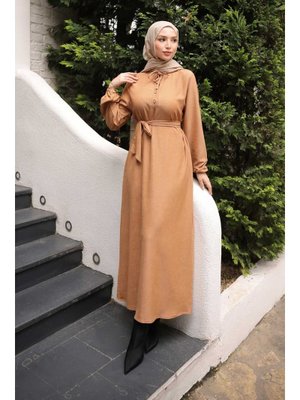 Vizon Kuşaklı Kol Lastikli Fitilli Elbise