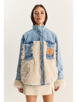 Mavi Bej Denim Garnili Astarlı Suni Kürk Ceket