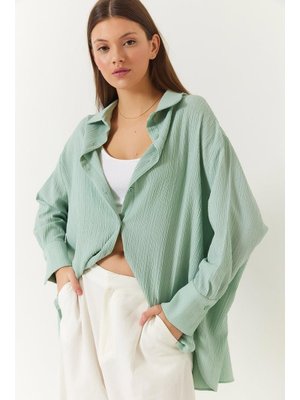 Mint Yeşili Düşük Omuz Oversize Basic Bürümcük Gömlek