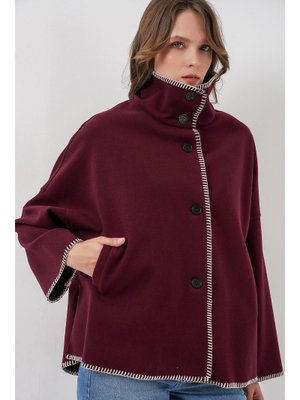 Bordo Nakışlı Kaşe Ceket
