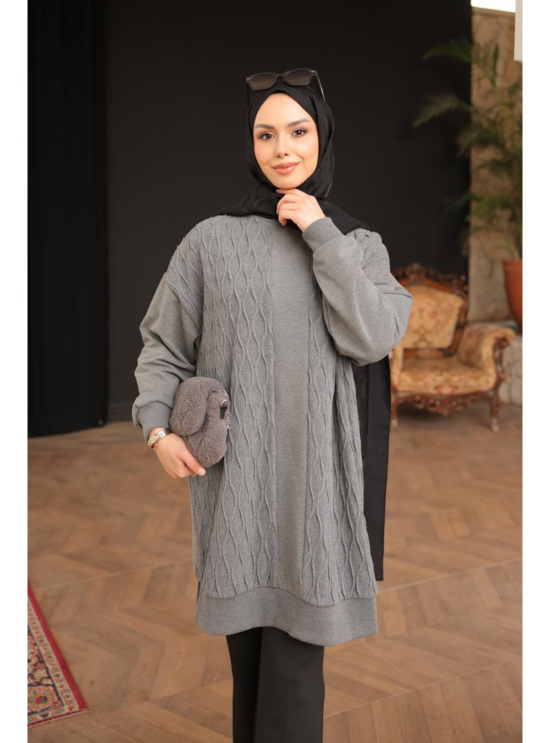 İmaj Butik Antrasit Bisiklet Yaka Kendinden Desenli Kol Lastikli Tunik