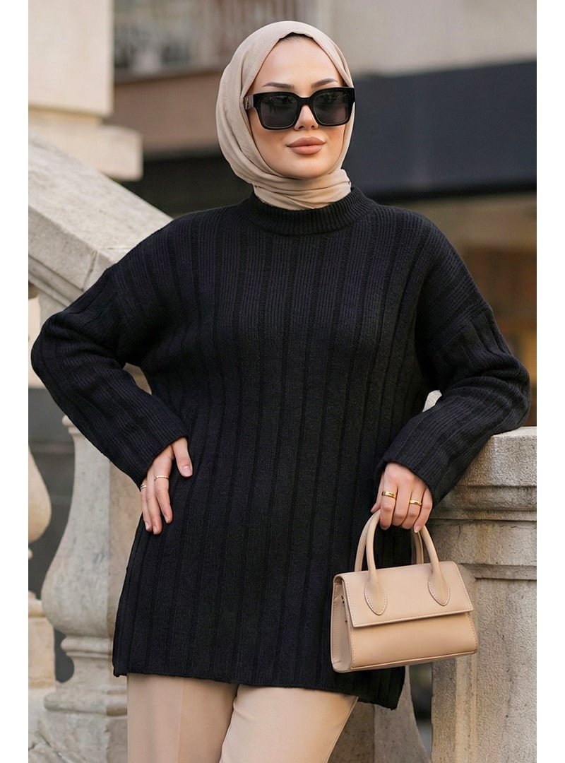 Neva Style Fitilli Siyah Triko Kazak Tunik 8844s