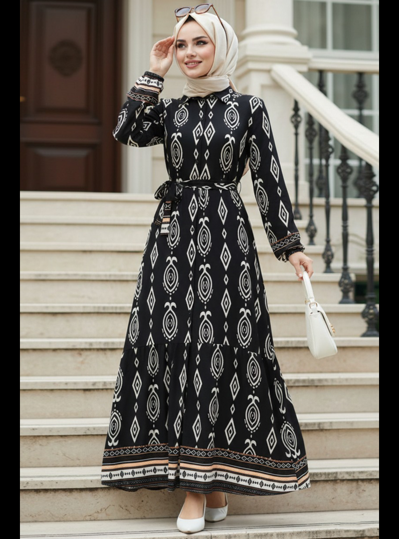 Neva Style Desenli Siyah Elbise 24085s
