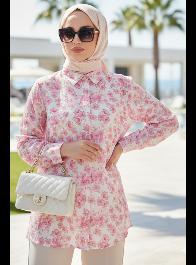 Neva Style Çiçek Desenli Pembe Tunik 26608p