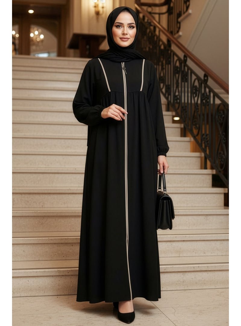 Neva Style Fermuarlı Siyah Bej Ferace 45318sbej