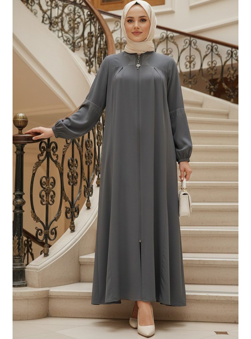 Neva Style Fermuarlı Koyu Füme Abaya 45299kfu