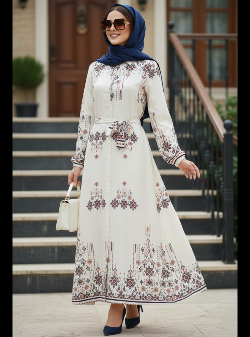 Neva Style Çiçek Desenli Krem Elbise 24084kr