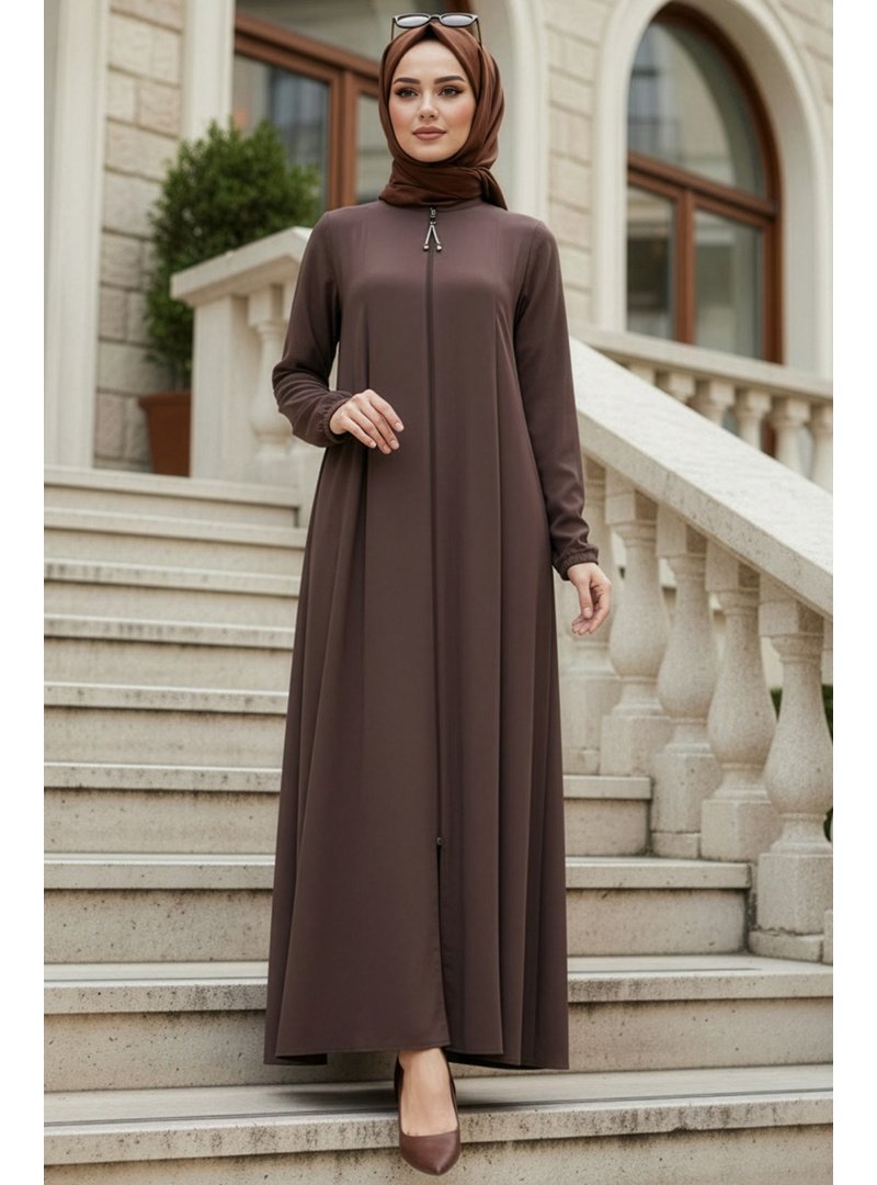Neva Style Fermuarlı Kahverengi Abaya 45319kh