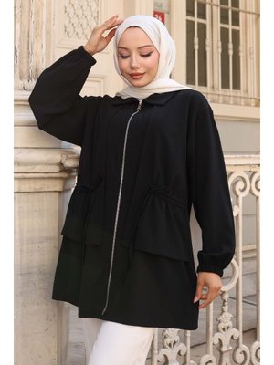 Siyah Beli Büzgülü Fermuarlı Kısa Kap