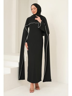 Siyah İnci Detaylı Pelerinli Abiye Elbise