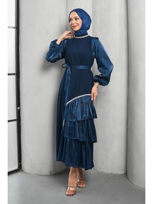 Lacivert Fırfır Detay Organze Taş İşleme Abiye Elbise