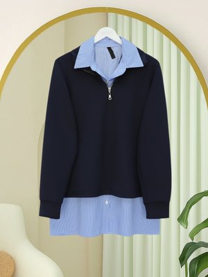 Laci Sıfır Kol Çizgili Gömlekli Yarım Fermuarlı Sweat İkili Üst Takım