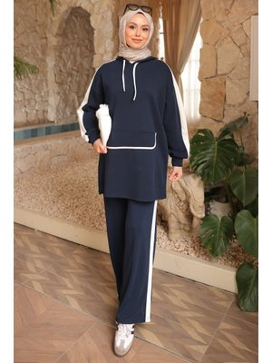 Lacivert Kapüşonlu Renk Bloklu Tunik Pantolonlu Takım