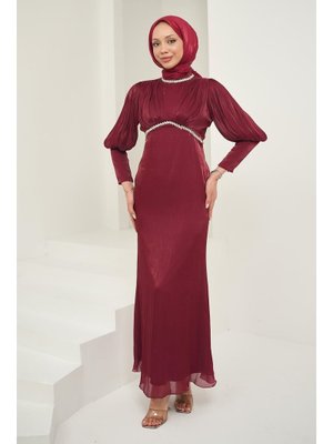 Bordo Önü Piliseli Taşlı Abiye Elbise