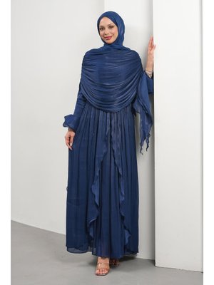 Lacivert Seyyar Pelerinli Fırfırlı Abiye Elbise