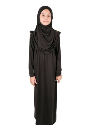 Siyah Pratik Başörtülü Tek Parça Çocuk Namaz Elbisesi Yaş