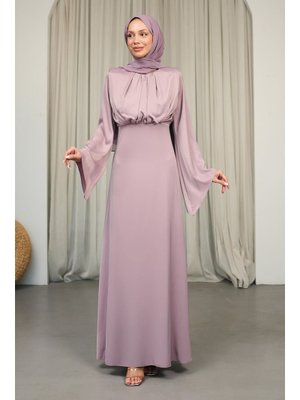 Gül Kurusu Omuzları Vatkatlı Saten Abiye Elbise