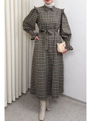 Haki Kuşaklı Ekose Elbise