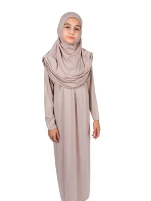 Bej Pratik Başörtülü Tek Parça Çocuk Namaz Elbisesi Yaş