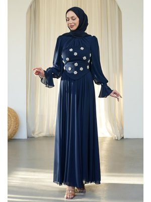 Lacivert Taş İşlemeli Büstiyerli Abiye Elbise