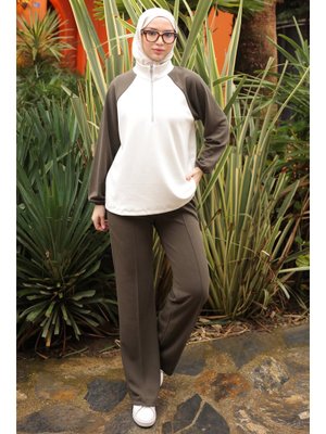 Haki Fermuarlı Garnili Sweat Pantolonlu Takım