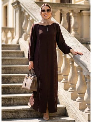 Fermuarlı Koyu Kahverengi Abaya 45317kkh