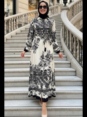 Desenli Siyah Elbise 24086s