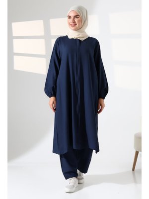 Lacivert Hac Ve Umre Kıyafeti Kraşlı İkili Takım