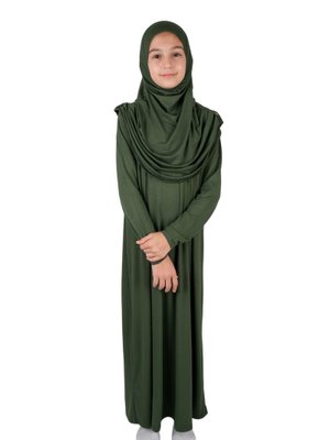 Yeşil Pratik Başörtülü Tek Parça Çocuk Namaz Elbisesi Yaş