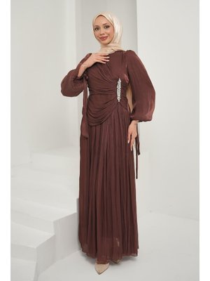 Bordo Önü Taş Detaylı Kol Bağlamalı Abiye Elbise