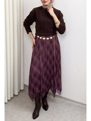 Mürdüm Asimetrik Kesim Desenli Şifon Etek