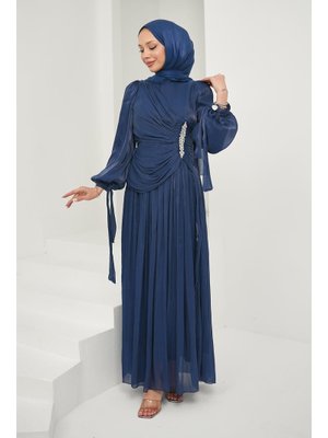 Lacivert Önü Taş Detaylı Kol Bağlamalı Abiye Elbise