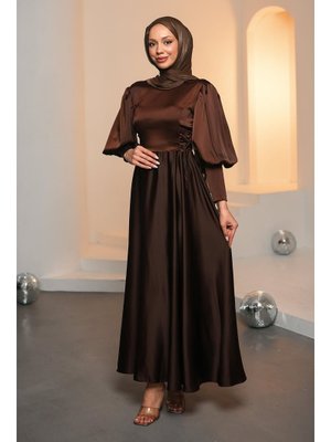 Kahverengi Yan Bağlamalı Saten Abiye Elbise
