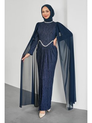 Lacivert Yakası Ve Beli Taşlı Pelerin Detaylı Abiye Elbise