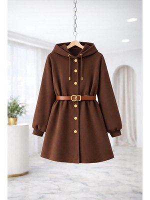 Kahverengi Gold Düğme Kemer Detaylı Hırka