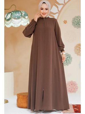 Fermuarlı Kahverengi Ferace 45287kh