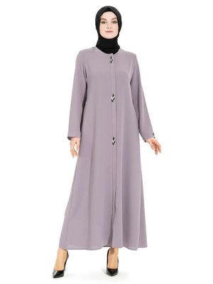 Gri Yuvarlak Yaka Gizli Fermuarlı Aplik Detaylı Tesettür Ferace
