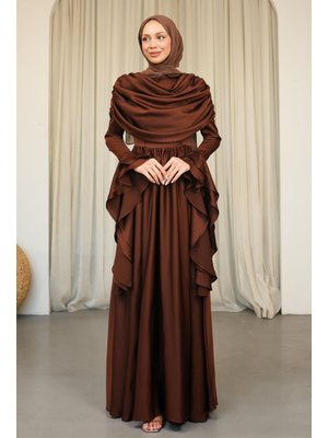 Kahverengi Kol Katlı Önü Drapeli Saten Abiye Elbise