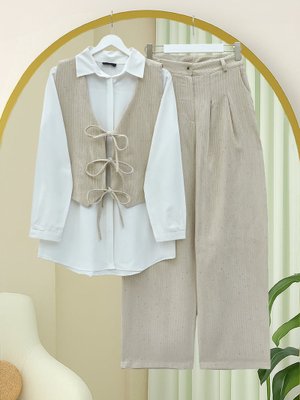 Bej Önü Bağlamalı Yelek Pantolon Kadife Takım