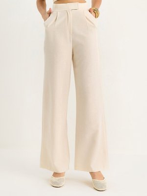 Bej Cırtlı Cep Detaylı Keten Palazzo Pantolon