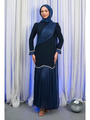 Lacivert Önü Drapeli Taşlı Tasarım Abiye Elbise