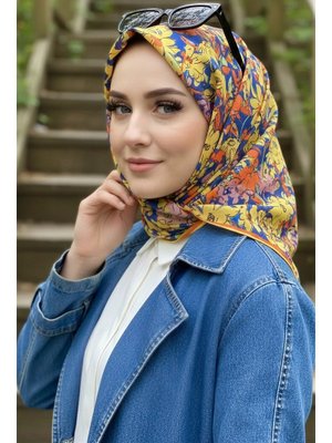 Sarı Saks Mavisi Soft Dijital Pamuklu Eşarp