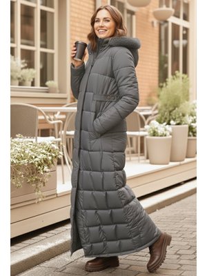 Gri Kapüşonlu Kapitone Mont