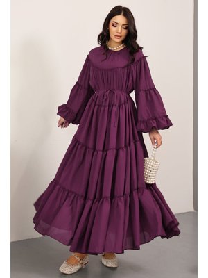 Mürdüm Katlı Fırfırlı Elbise