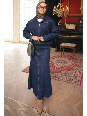 Lacivert Fermuarlı Ceket Etek Kot Takım