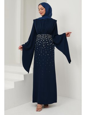 Lacivert Önü Drapeli Taş İşlemeli Abiye Elbise