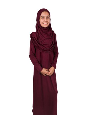 Bordo Pratik Başörtülü Tek Parça Çocuk Namaz Elbisesi Yaş