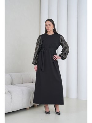 Lacivert Payet Kollu Kuşaklı Elbise