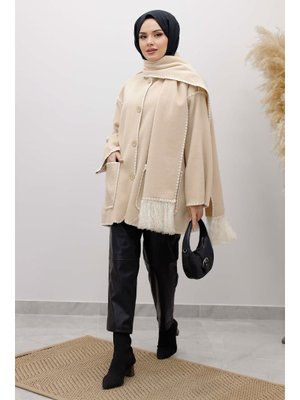 Bej Atkılı Kaşe Kaban